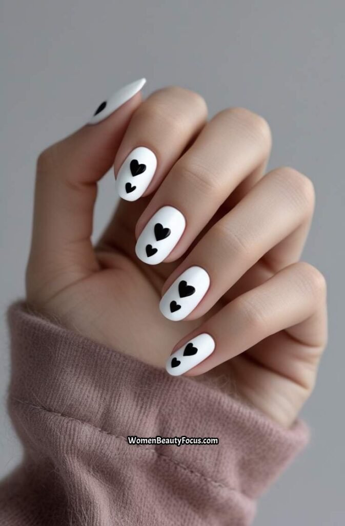 20. White Nails with Tiny Black Hearts