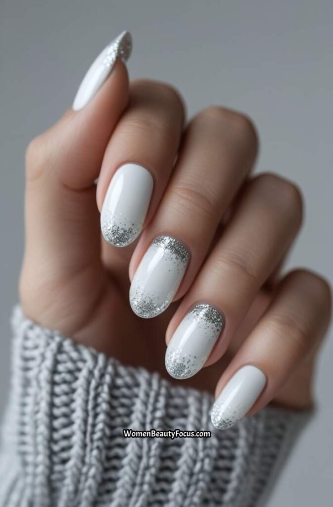 20. White with Silver Glitter Short Nails