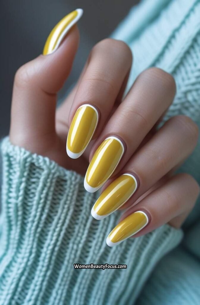 20. Yellow Chrome Nails with White Tip Outline