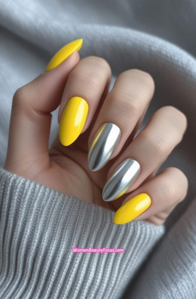 20. Yellow and Silver Color Block Nails