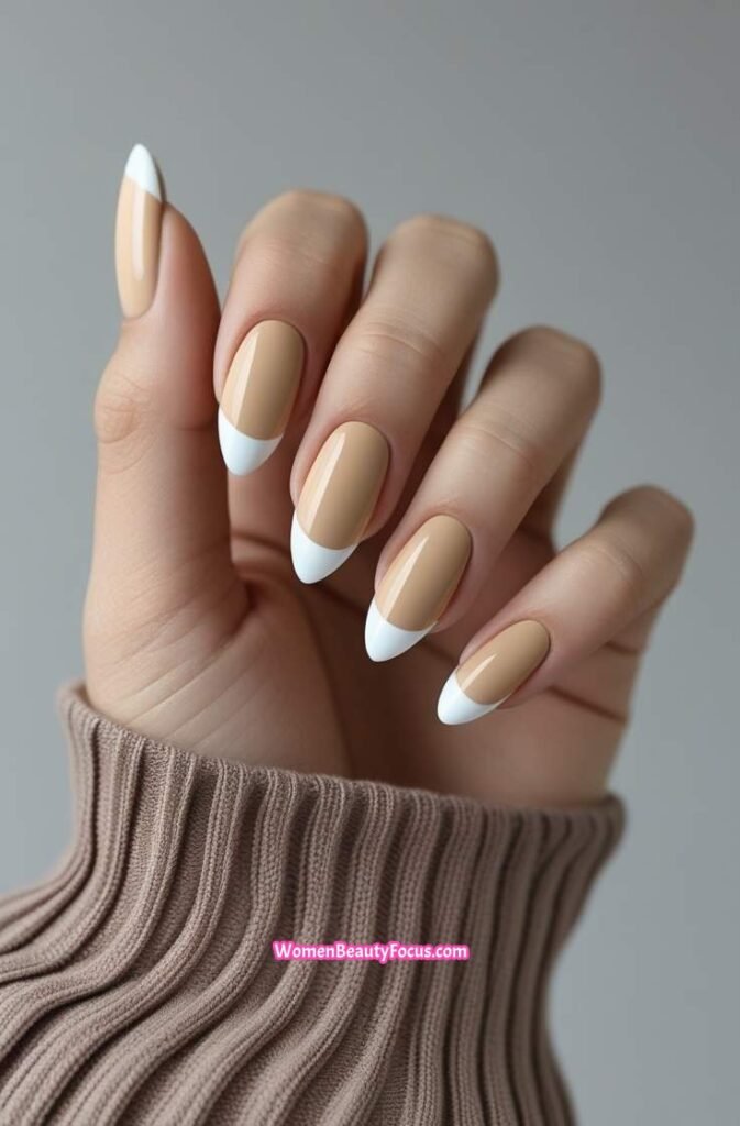21. Almond Neutral Nails with White Tipped Accent