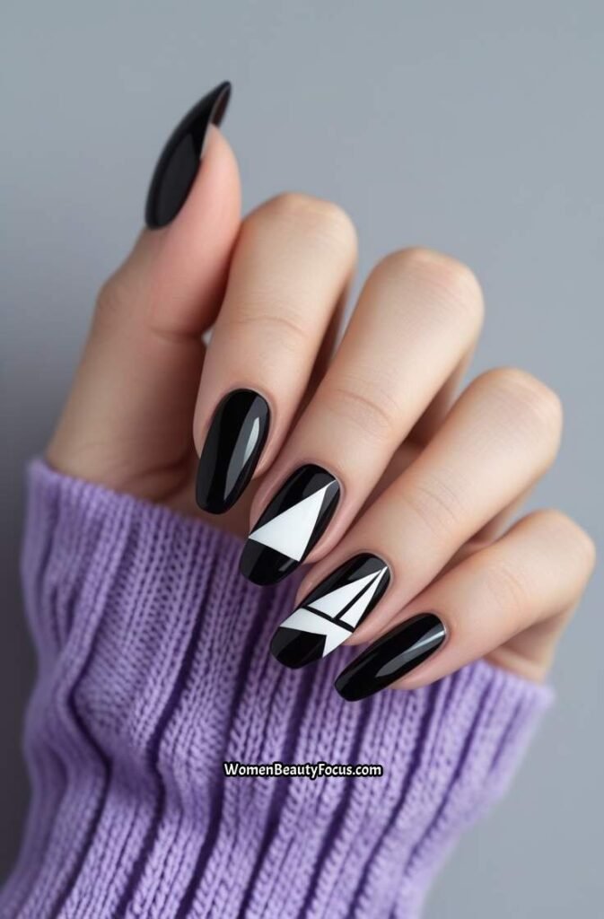 21. Black French Tips with Geometric Designs