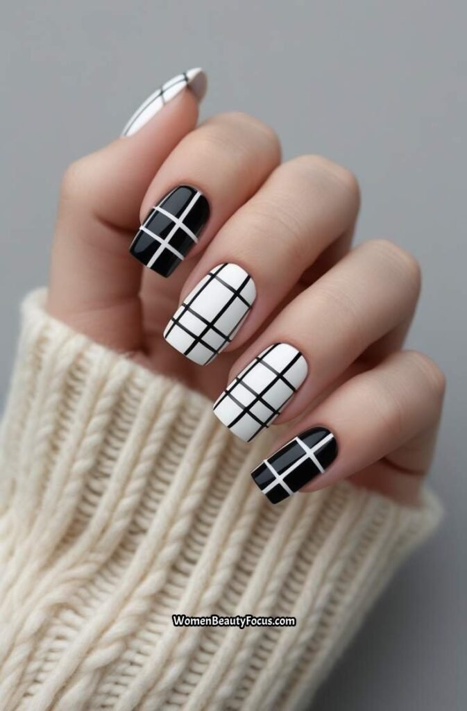 21. Black and White Plaid Nails