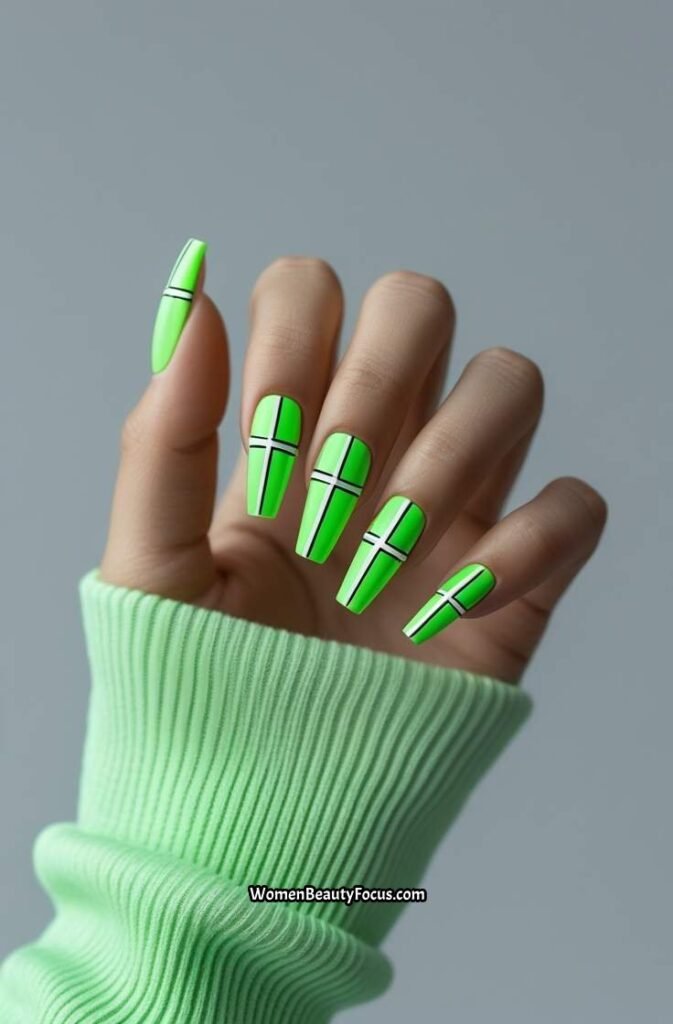 21. Bold Neon Green Nails with White Lines