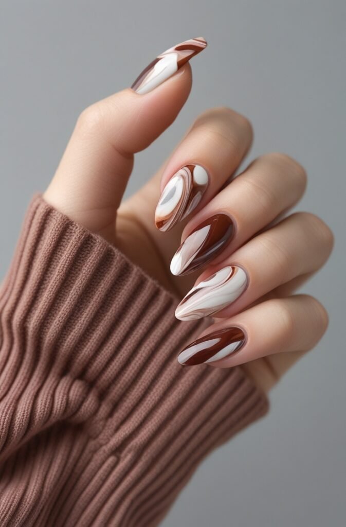 21. Cherry Brown Marble Nails