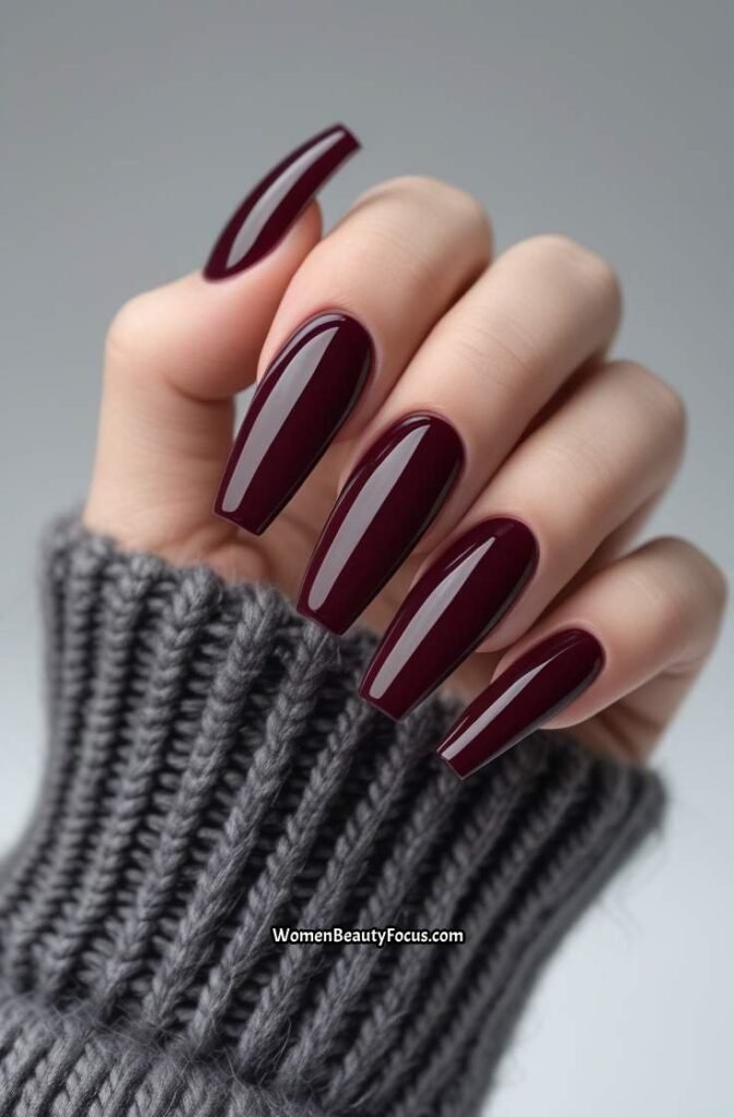 21. Deep Burgundy Coffin Nails with High Gloss