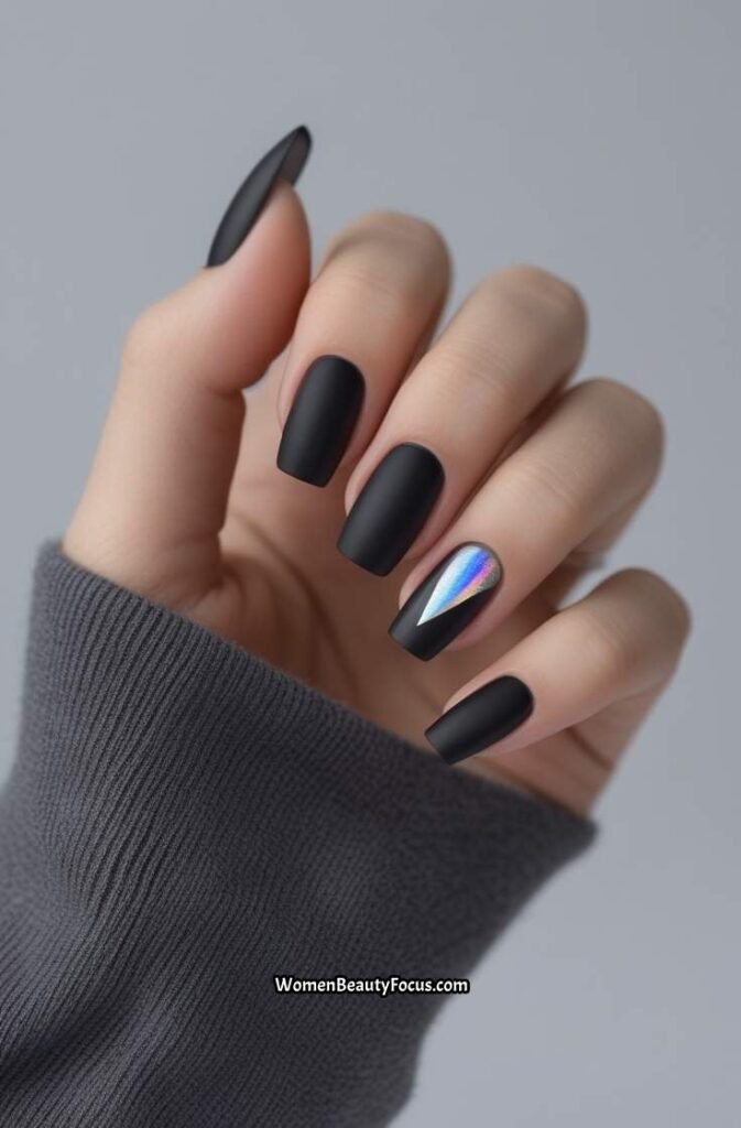 21. Matte Black Nails with Holographic Accents