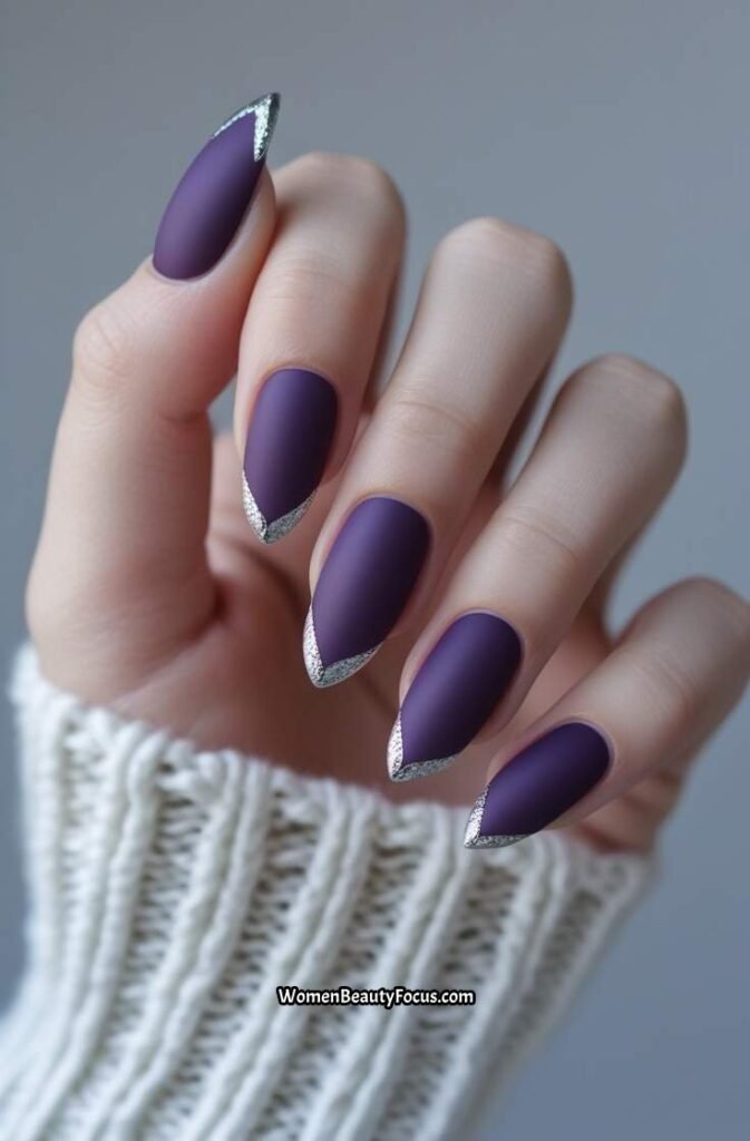 21. Matte Purple Nails with Silver Detailing