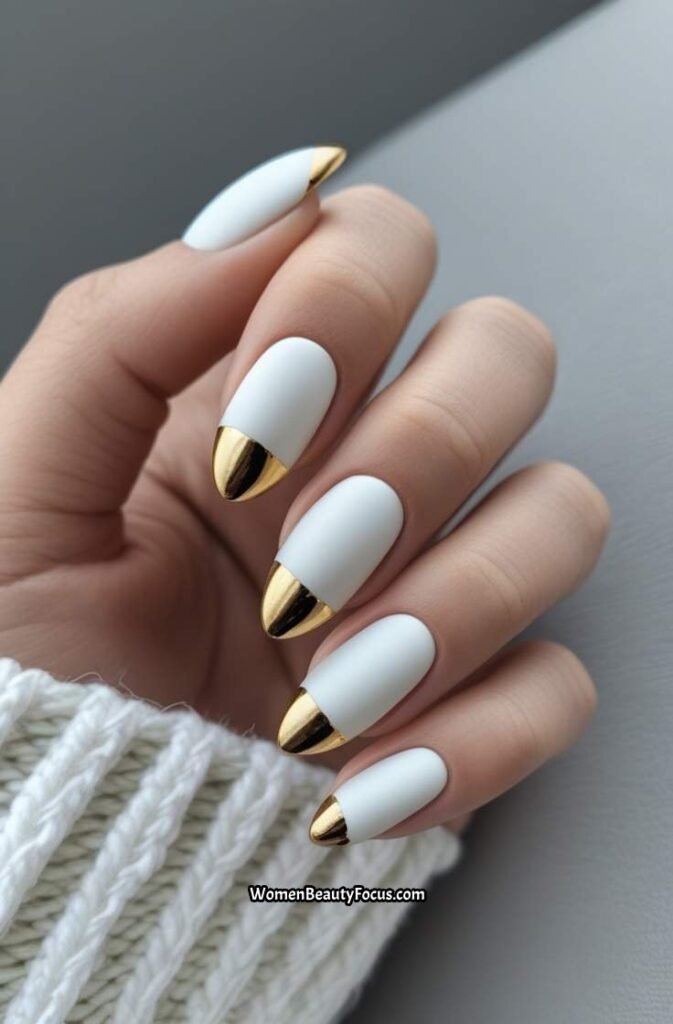 21. Matte White Nails with Gold Tips