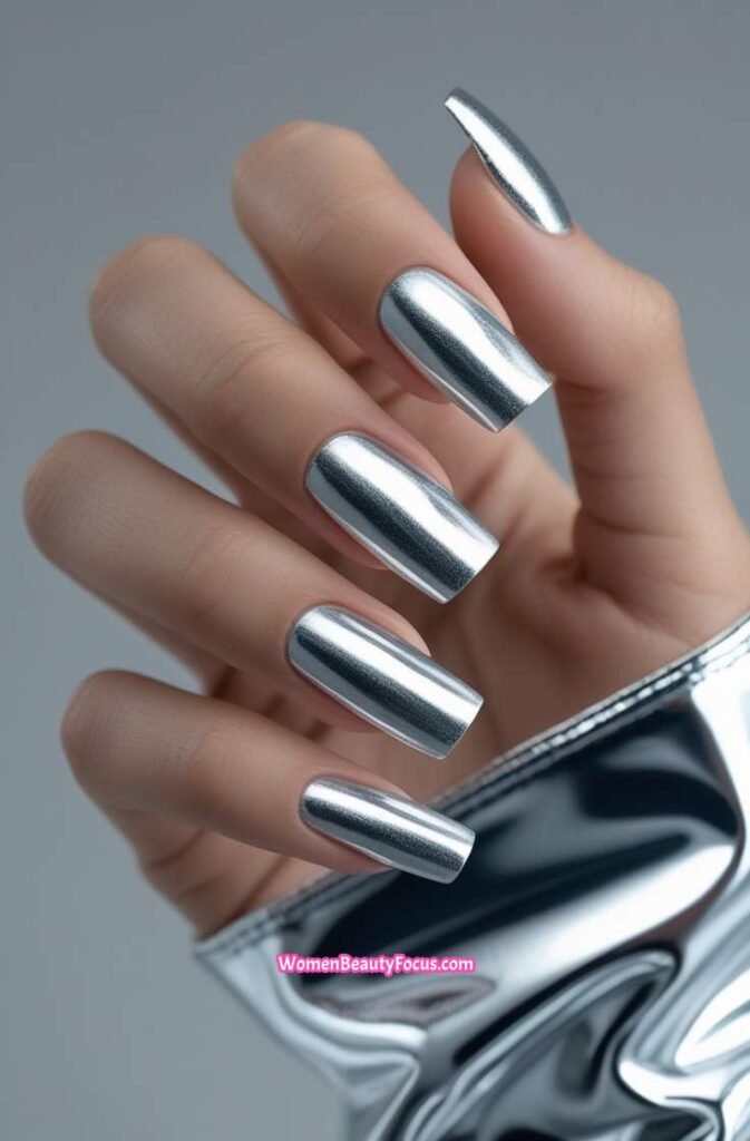 21. Metallic Silver Square Nails