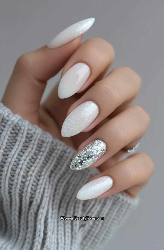 21. Milky White Nails with Subtle Silver Glitter 1