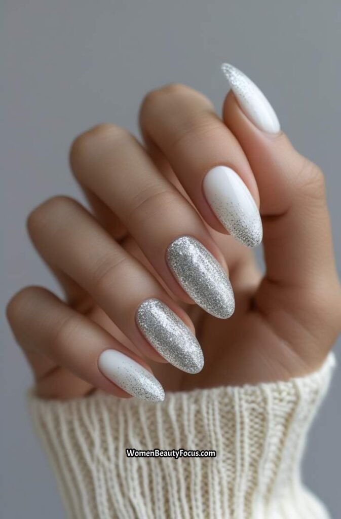 21. Milky White Nails with Subtle Silver Glitter