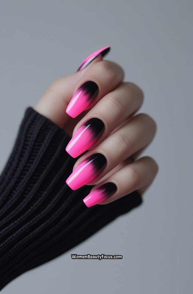 21. Neon Pink and Black Gradient Nails