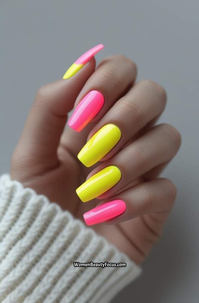 21. Neon Pink and Yellow Nail Art for Bold Style