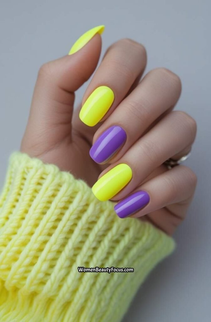 21. Neon Yellow and Purple Nails