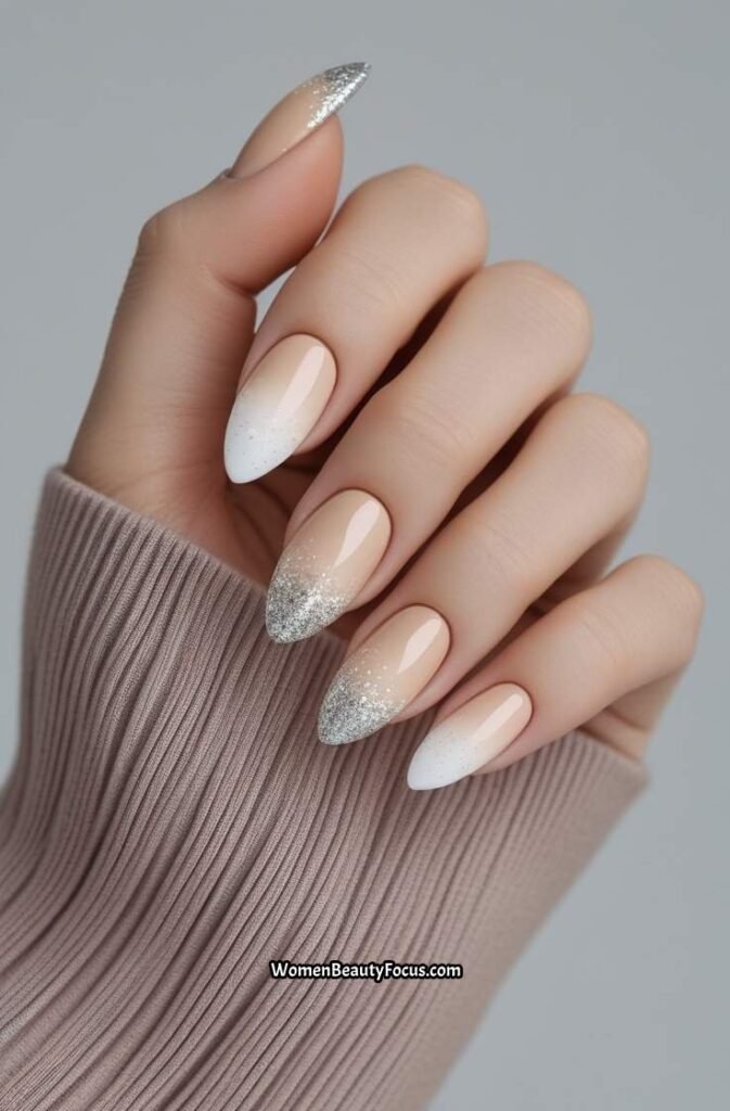 21. Neutral Ombre Nails with Silver Glitter Fade