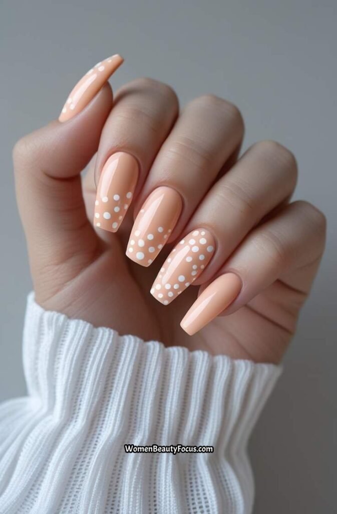 21. Pale Peach Coffin Nails with White Dots