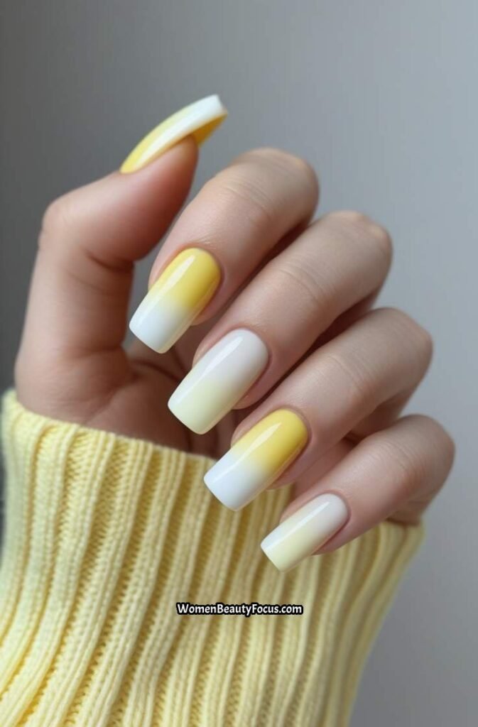 21. Pale Yellow and White Ombre Nails