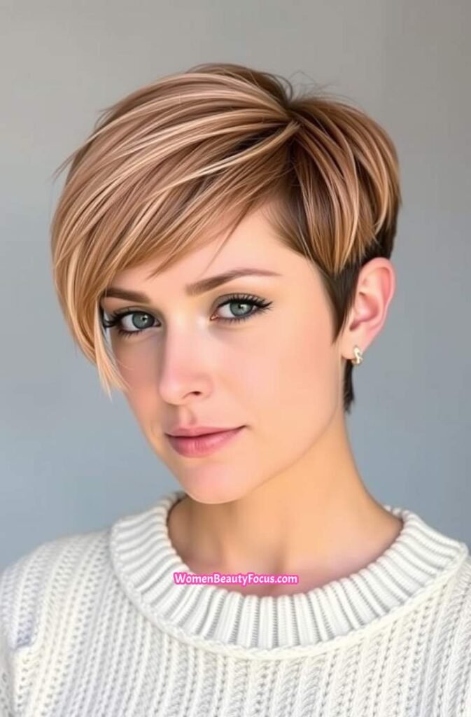 21. Peach Pixie Cut with Side Swept Bangs FrontStraight View