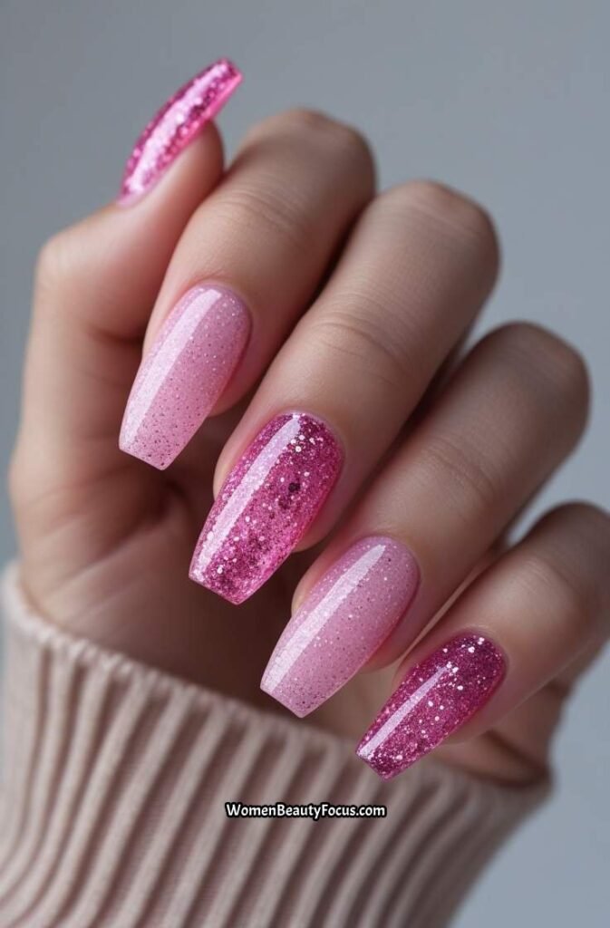 21. Pink Glitter Ombre Nails