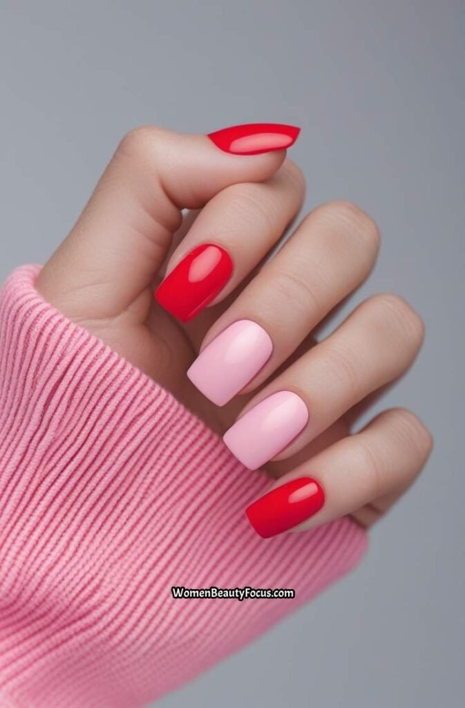 21. Red and Pink Two Tone Valentine Nails