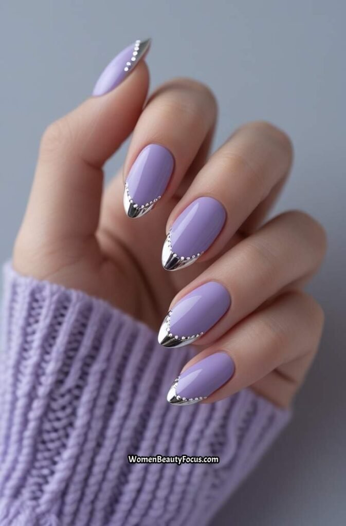 21. Soft Lavender Nails with Silver Detailing
