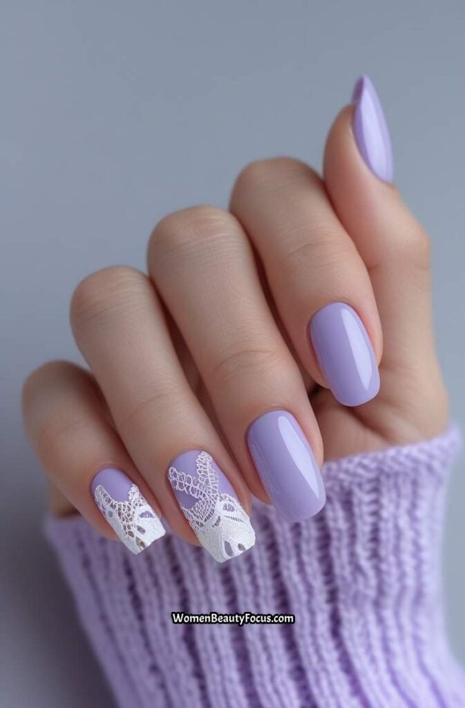 21. Soft Lilac Nails with White Lace Detailing