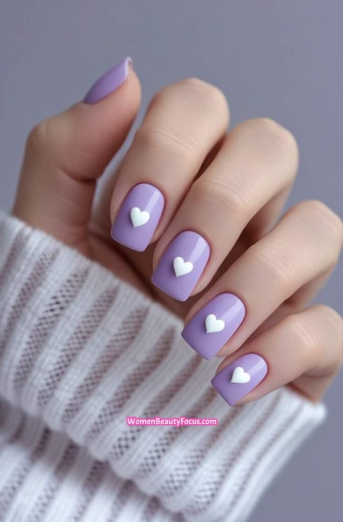21. Soft Purple Nails with Heart Art