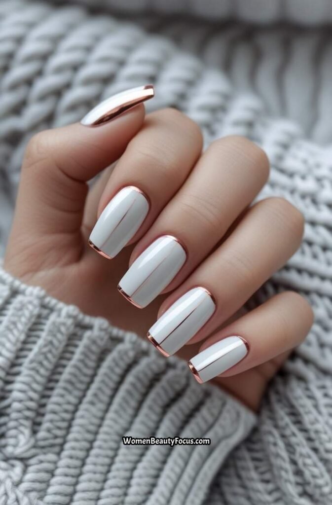 21. Soft White Nails with Rose Gold Tips