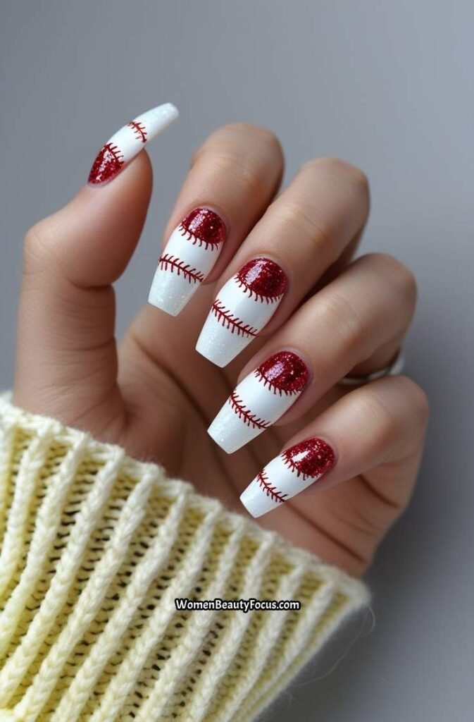 21. Sparkling Baseball Glitter Nails