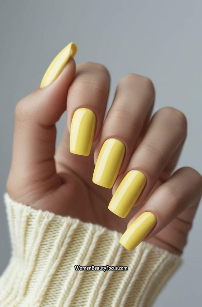 21. Square Nails with Lemon Yellow Pop