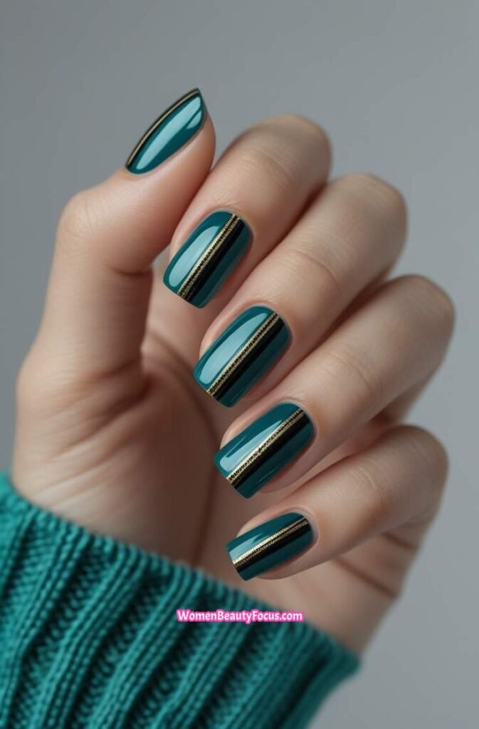 21. Teal Cat Eye Nails with Gold Stripes