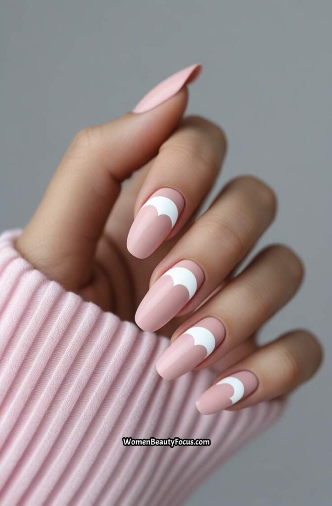 21. White and Blush Half Moon Nails