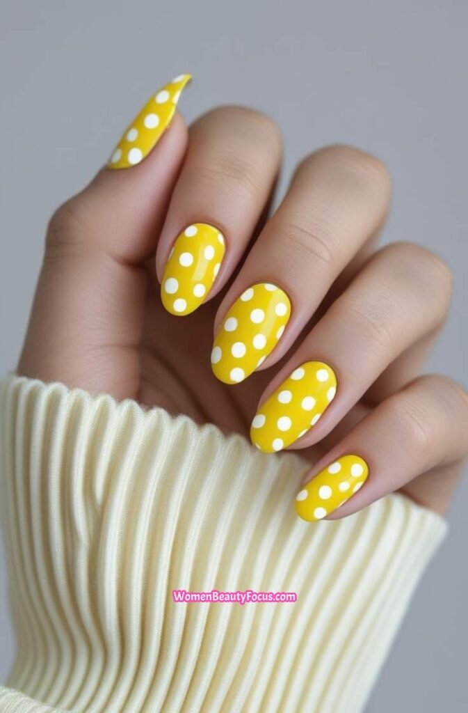 21. Yellow Nails with White Polka Dots