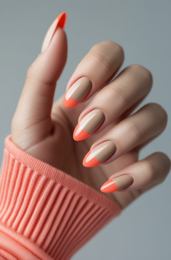 22. Almond Nails with Soft Coral Tips