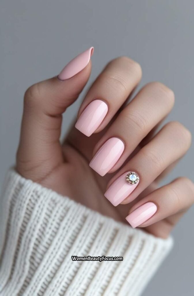 22. Baby Pink Square Nails with Rhinestone Accent
