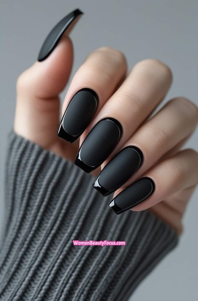 22. Black Matte Nails with Glossy Tip Outline