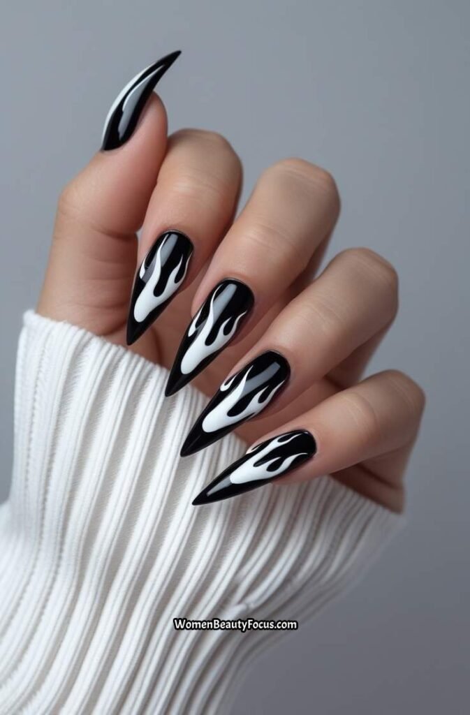 22. Black Nails with White Flame Art