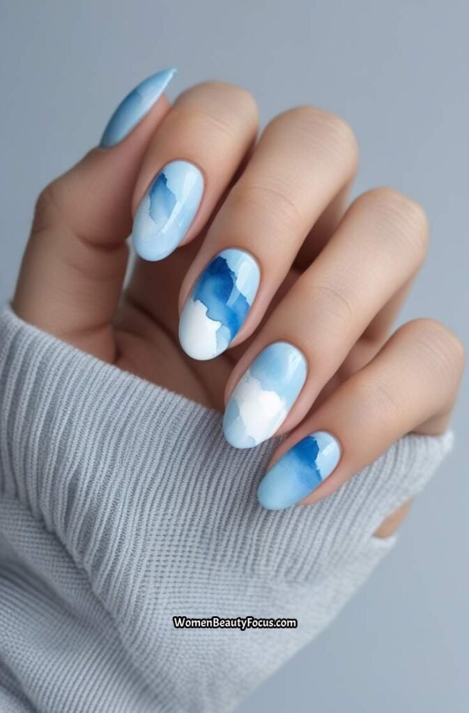 22. Blue Watercolor Nails