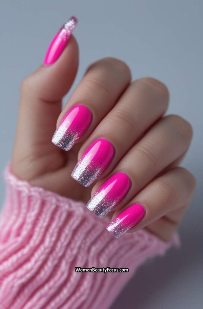 22. Bright Pink Nails with Glitter Gradient Tips