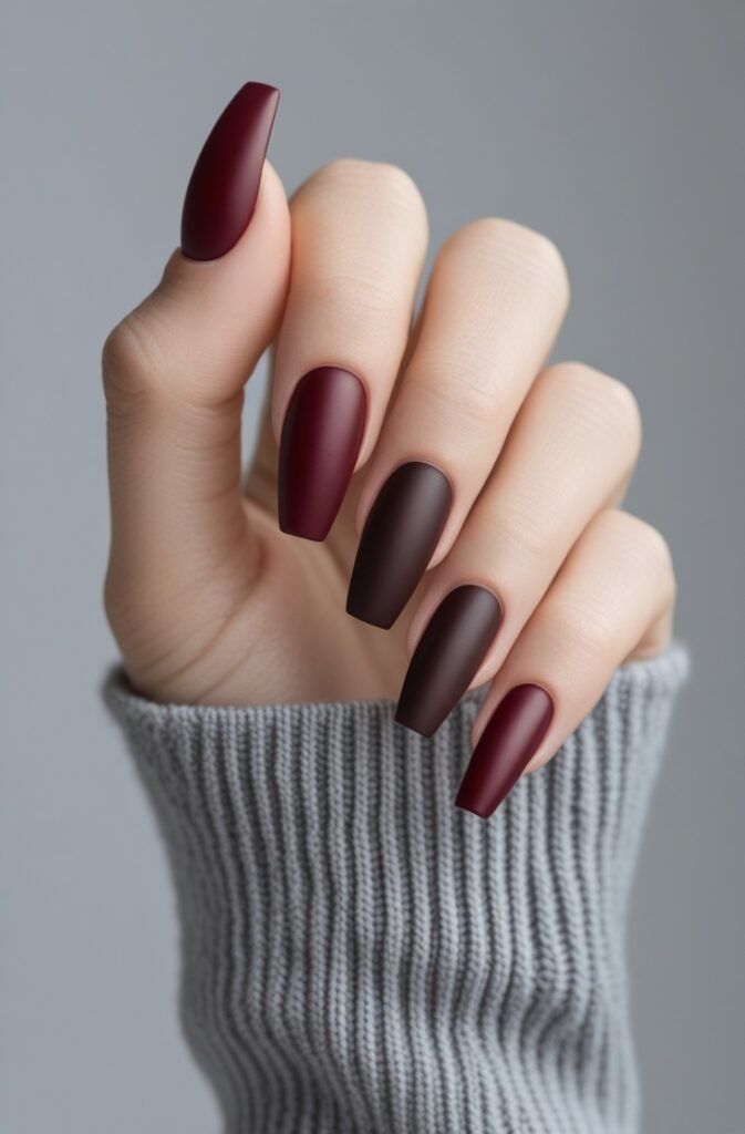 22. Cherry Brown Nails with Matte and Gloss Mix
