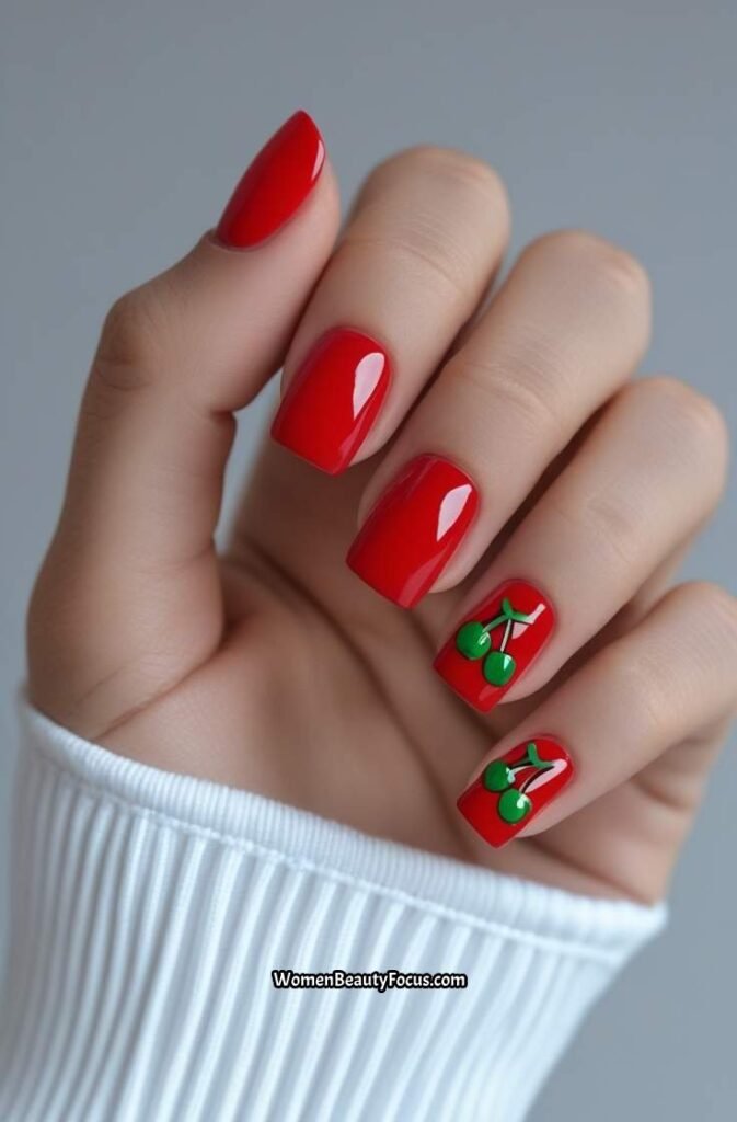 22. Cherry Red Nails with Tiny Fruit Art