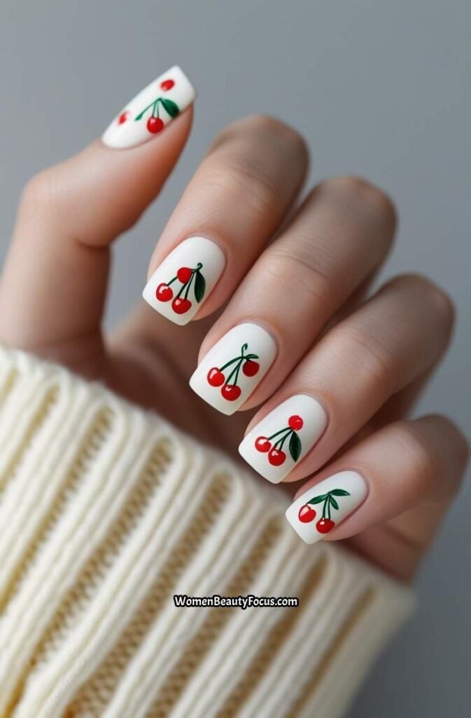 22. Cherry Stamped Nails on Milky White Base