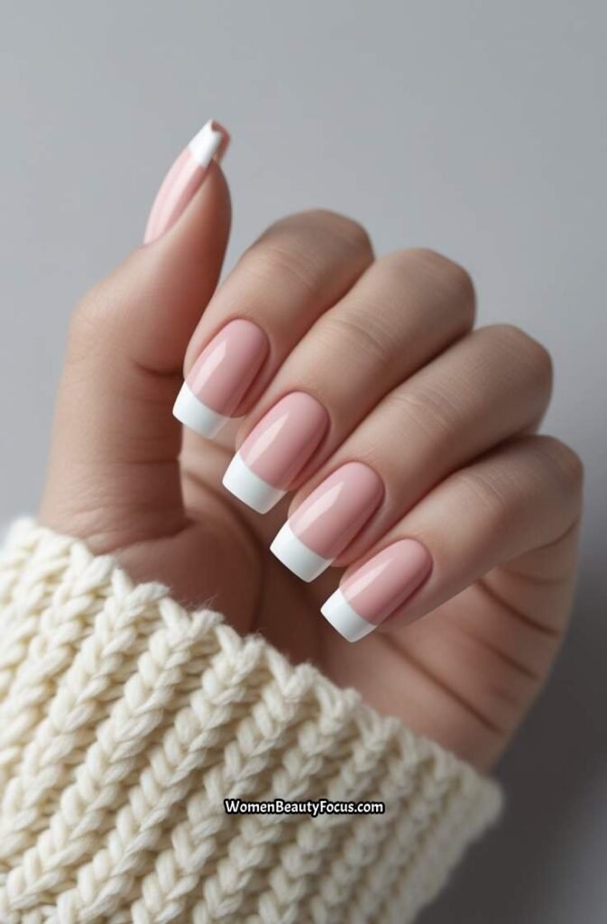 22. Classic French Tip Nails with Subtle Shimmer