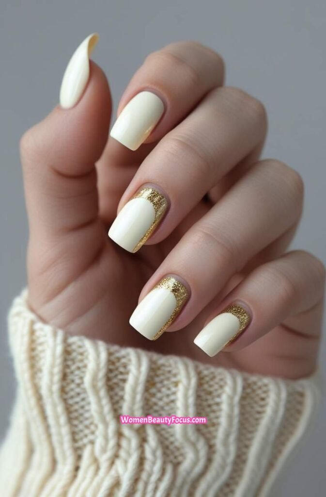 22. Creamy White Nails with Gold Glitter Highlights