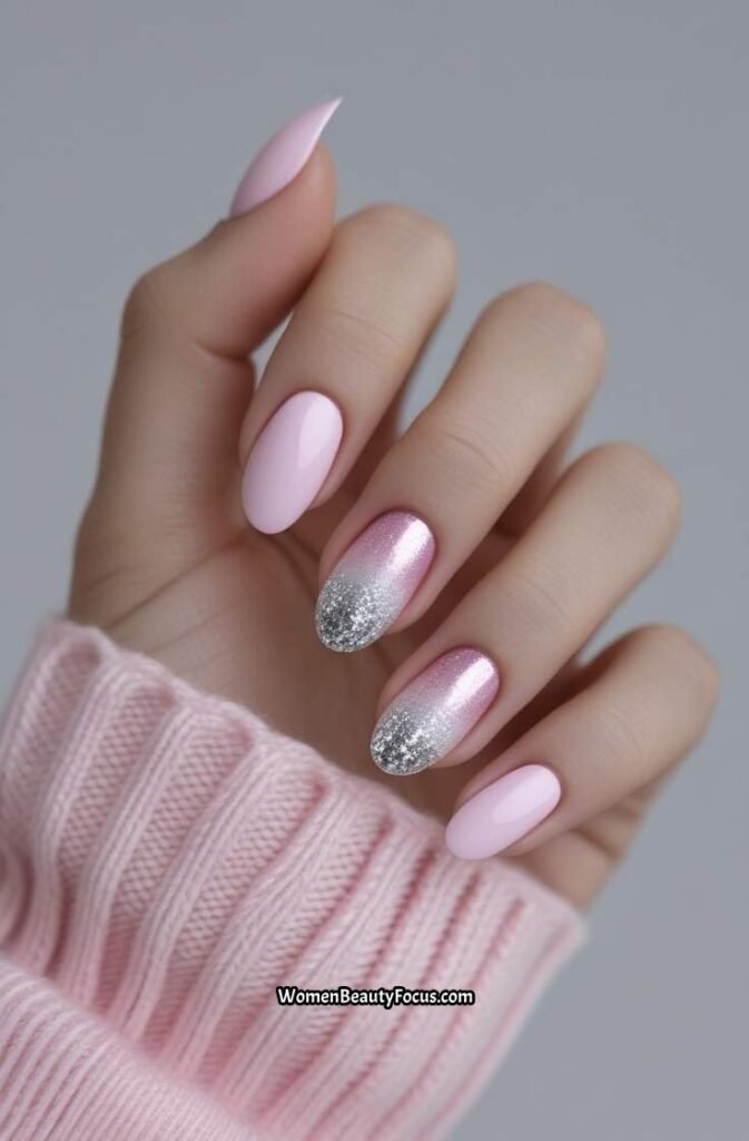 22. Delicate Pink Nails with Silver Glitter Fade