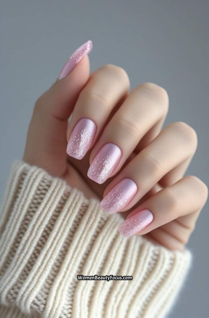 22. Frosted Pink Nails with Glittery Tips