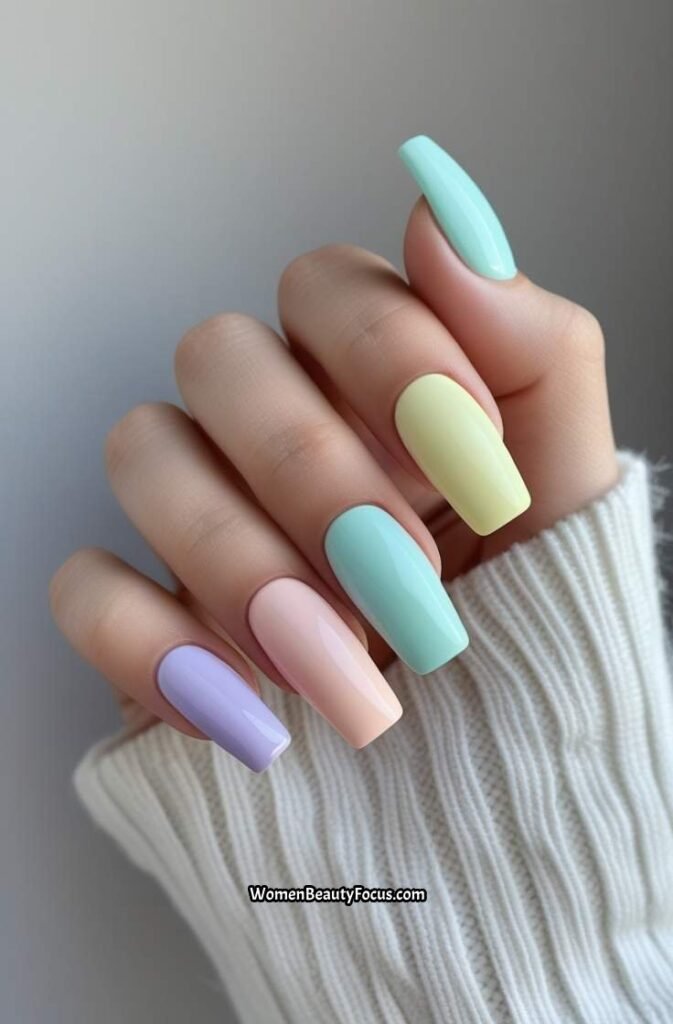22. Multicolored Pastel Coffin Nails