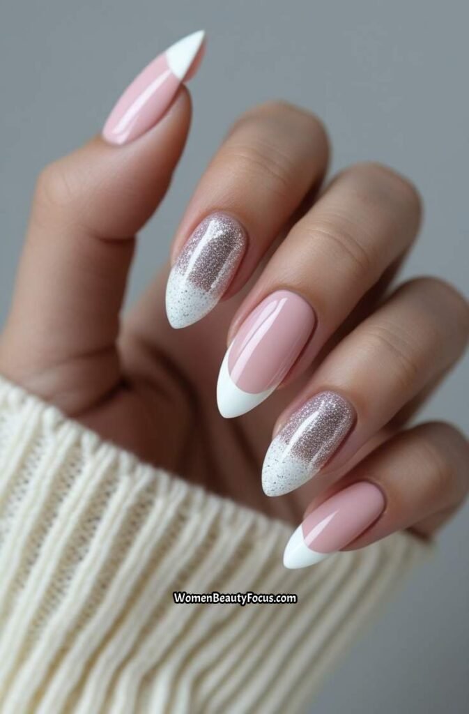 22. Neutral Pink Nails with White Tips and Glitter