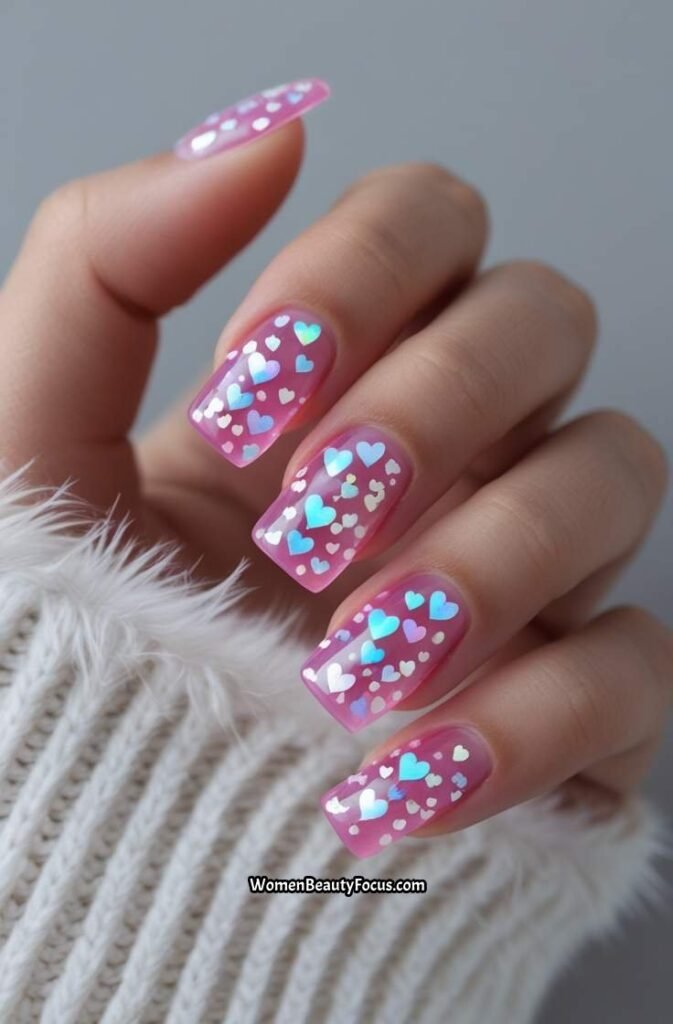 22. Pink Jelly Nails with Heart Glitter